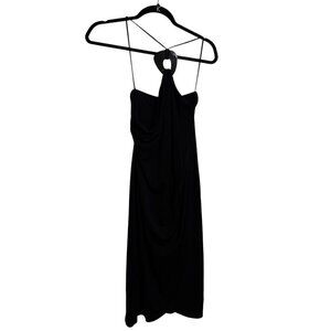 BCBGMaxAzria Black Halter Midi Dress – Size Large, Open Back with Ring Detail